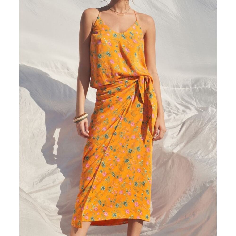 Anthropologie Sabia Faux Wrap Midi Skirt Tank Top Set Womens 2 Orange Floral 2pc